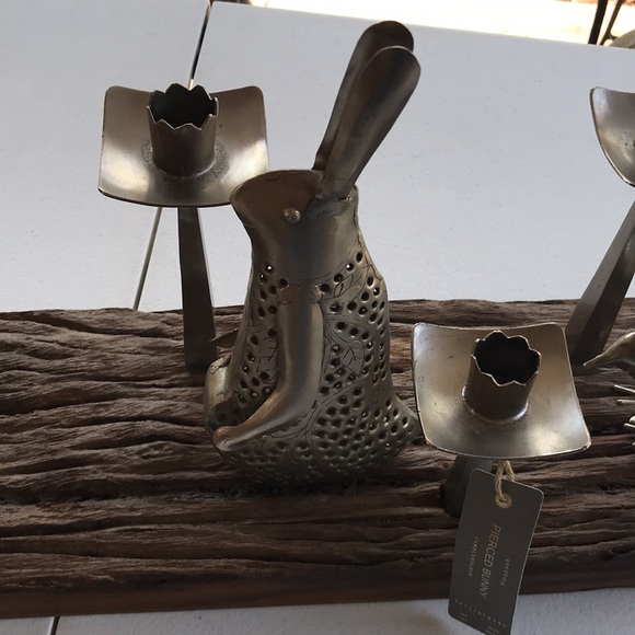 Pottery Barn Rustic Wood with Pierced Metal Bunny and Birds Taper Candle Holder - Picture 5 of 11